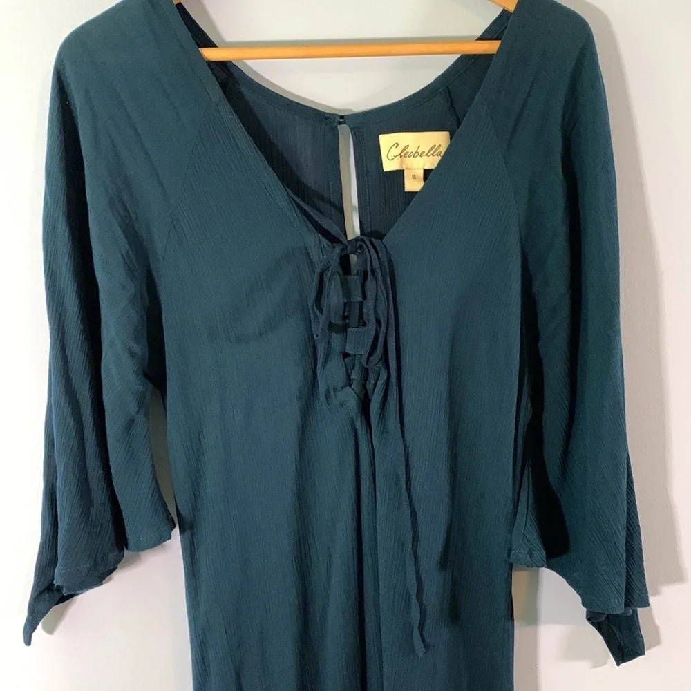 Cleobella size small dark blue green flutter sleeve laceup bust Whimsygoth witch - Picture 3 of 8